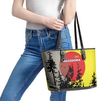 Macedonia Leather Tote Bag with Howling Wolf and Sunset Forest Design - Wonder Print Shop
