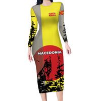 Macedonia Long Sleeve Bodycon Dress with Howling Wolf and Sunset Forest Design - Wonder Print Shop