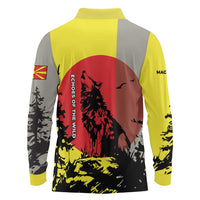 Macedonia Long Sleeve Polo Shirt with Howling Wolf and Sunset Forest Design - Wonder Print Shop