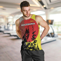 Macedonia Men Tank Top with Howling Wolf and Sunset Forest Design - Wonder Print Shop