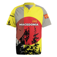 Macedonia Rugby Jersey with Howling Wolf and Sunset Forest Design - Wonder Print Shop