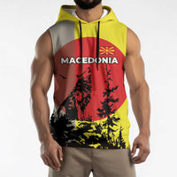 Macedonia Sleeveless Hoodie with Howling Wolf and Sunset Forest Design - Wonder Print Shop