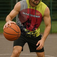 Macedonia Sleeveless Hoodie with Howling Wolf and Sunset Forest Design - Wonder Print Shop