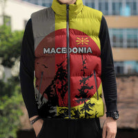 Macedonia Sleeveless Puffer Jacket with Howling Wolf and Sunset Forest Design - Wonder Print Shop
