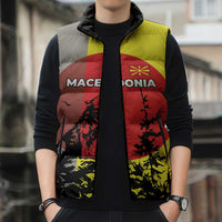Macedonia Sleeveless Puffer Jacket with Howling Wolf and Sunset Forest Design - Wonder Print Shop
