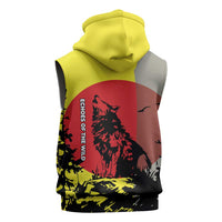 Macedonia Sleeveless Zip Hoodie with Howling Wolf and Sunset Forest Design - Wonder Print Shop
