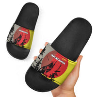 Macedonia Slide Sandals with Howling Wolf and Sunset Forest Design - Wonder Print Shop