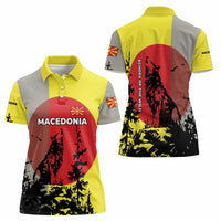 Macedonia Women Polo Shirt with Howling Wolf and Sunset Forest Design - Wonder Print Shop