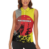 Macedonia Women Sleeveless Polo Shirt with Howling Wolf and Sunset Forest Design - Wonder Print Shop