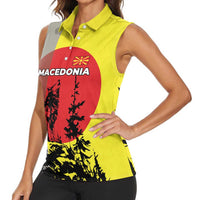 Macedonia Women Sleeveless Polo Shirt with Howling Wolf and Sunset Forest Design - Wonder Print Shop