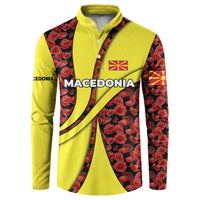 Macedonia Button Sweatshirt with Red Poppy Flower and Curved Panel Design - Wonder Print Shop