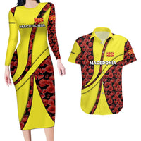 Macedonia Couples Matching Long Sleeve Bodycon Dress and Hawaiian Shirt with Red Poppy Flower and Curved Panel Design - Wonder Print Shop