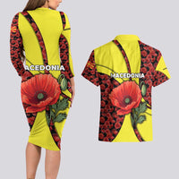 Macedonia Couples Matching Long Sleeve Bodycon Dress and Hawaiian Shirt with Red Poppy Flower and Curved Panel Design - Wonder Print Shop