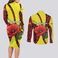 Macedonia Couples Matching Long Sleeve Bodycon Dress and Long Sleeve Button Shirt with Red Poppy Flower and Curved Panel Design - Wonder Print Shop
