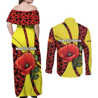 Macedonia Couples Matching Off Shoulder Maxi Dress and Long Sleeve Button Shirt with Red Poppy Flower and Curved Panel Design - Wonder Print Shop