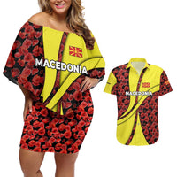 Macedonia Couples Matching Off Shoulder Short Dress and Hawaiian Shirt with Red Poppy Flower and Curved Panel Design - Wonder Print Shop
