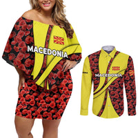 Macedonia Couples Matching Off Shoulder Short Dress and Long Sleeve Button Shirt with Red Poppy Flower and Curved Panel Design - Wonder Print Shop