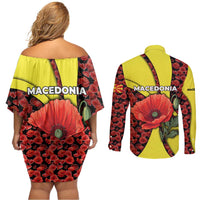 Macedonia Couples Matching Off Shoulder Short Dress and Long Sleeve Button Shirt with Red Poppy Flower and Curved Panel Design - Wonder Print Shop
