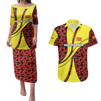 Macedonia Couples Matching Puletasi and Hawaiian Shirt with Red Poppy Flower and Curved Panel Design - Wonder Print Shop