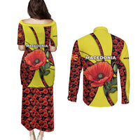 Macedonia Couples Matching Puletasi and Long Sleeve Button Shirt with Red Poppy Flower and Curved Panel Design - Wonder Print Shop