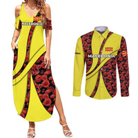 Macedonia Couples Matching Summer Maxi Dress and Long Sleeve Button Shirt with Red Poppy Flower and Curved Panel Design - Wonder Print Shop