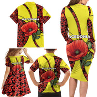 Macedonia Family Matching Long Sleeve Bodycon Dress and Hawaiian Shirt with Red Poppy Flower and Curved Panel Design - Wonder Print Shop