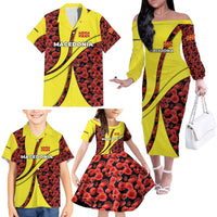 Macedonia Family Matching Off The Shoulder Long Sleeve Dress and Hawaiian Shirt with Red Poppy Flower and Curved Panel Design - Wonder Print Shop