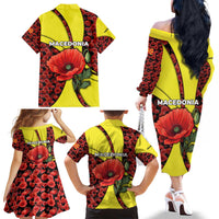 Macedonia Family Matching Off The Shoulder Long Sleeve Dress and Hawaiian Shirt with Red Poppy Flower and Curved Panel Design - Wonder Print Shop