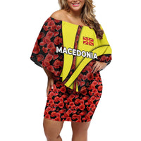 Macedonia Off Shoulder Short Dress with Red Poppy Flower and Curved Panel Design - Wonder Print Shop