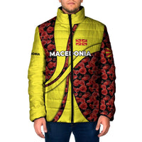 Macedonia Padded Jacket with Red Poppy Flower and Curved Panel Design - Wonder Print Shop