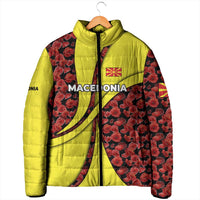 Macedonia Padded Jacket with Red Poppy Flower and Curved Panel Design - Wonder Print Shop