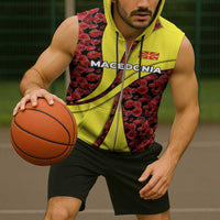 Macedonia Sleeveless Zip Hoodie with Red Poppy Flower and Curved Panel Design - Wonder Print Shop