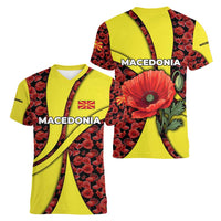 Macedonia Women V-Neck T-Shirt with Red Poppy Flower and Curved Panel Design - Wonder Print Shop