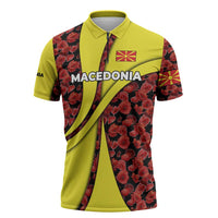 Macedonia Zipper Polo Shirt with Red Poppy Flower and Curved Panel Design - Wonder Print Shop