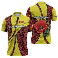 Macedonia Zipper Polo Shirt with Red Poppy Flower and Curved Panel Design - Wonder Print Shop