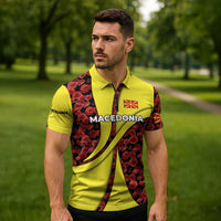 Macedonia Zipper Polo Shirt with Red Poppy Flower and Curved Panel Design - Wonder Print Shop