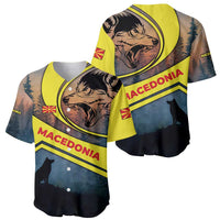 Macedonia Baseball Jersey with Forest Wolf and Sunset Silhouette Design - Wonder Print Shop