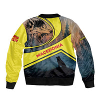 Macedonia Bomber Jacket with Forest Wolf and Sunset Silhouette Design - Wonder Print Shop