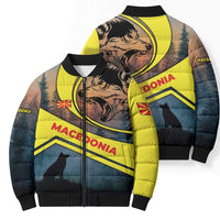 Macedonia Bomber Puffer Jacket with Forest Wolf and Sunset Silhouette Design - Wonder Print Shop
