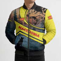 Macedonia Bomber Puffer Jacket with Forest Wolf and Sunset Silhouette Design - Wonder Print Shop