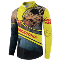 Macedonia Button Sweatshirt with Forest Wolf and Sunset Silhouette Design - Wonder Print Shop