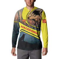 Macedonia Button Sweatshirt with Forest Wolf and Sunset Silhouette Design - Wonder Print Shop