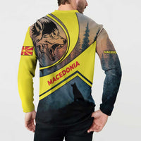 Macedonia Button Sweatshirt with Forest Wolf and Sunset Silhouette Design - Wonder Print Shop