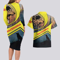 Macedonia Couples Matching Long Sleeve Bodycon Dress and Hawaiian Shirt with Forest Wolf and Sunset Silhouette Design - Wonder Print Shop
