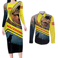 Macedonia Couples Matching Long Sleeve Bodycon Dress and Long Sleeve Button Shirt with Forest Wolf and Sunset Silhouette Design - Wonder Print Shop