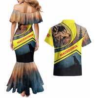 Macedonia Couples Matching Mermaid Dress and Hawaiian Shirt with Forest Wolf and Sunset Silhouette Design - Wonder Print Shop