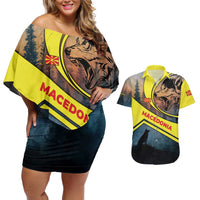 Macedonia Couples Matching Off Shoulder Short Dress and Hawaiian Shirt with Forest Wolf and Sunset Silhouette Design - Wonder Print Shop