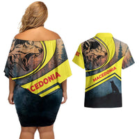 Macedonia Couples Matching Off Shoulder Short Dress and Hawaiian Shirt with Forest Wolf and Sunset Silhouette Design - Wonder Print Shop