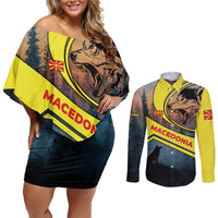 Macedonia Couples Matching Off Shoulder Short Dress and Long Sleeve Button Shirt with Forest Wolf and Sunset Silhouette Design - Wonder Print Shop