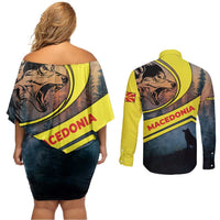 Macedonia Couples Matching Off Shoulder Short Dress and Long Sleeve Button Shirt with Forest Wolf and Sunset Silhouette Design - Wonder Print Shop